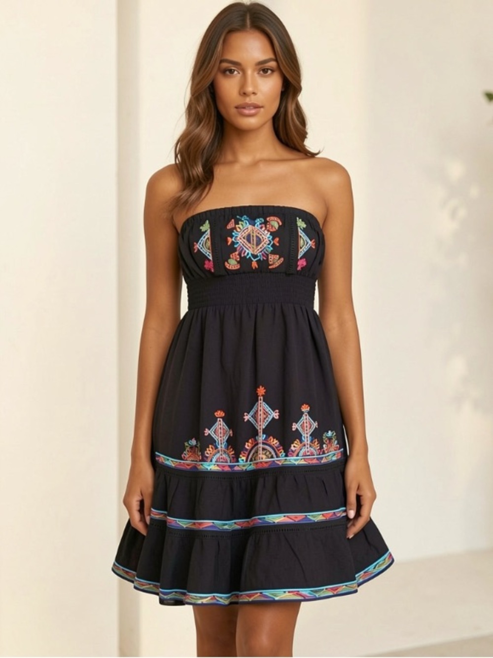 RAGA Boho Black Strapless Embroidered Mini Dress
